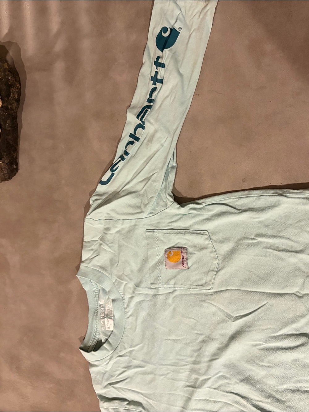 Carhartt Kids Long Sleeve Pocket Tee in Mint Green with Teal Logo